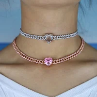 

pink heart cubic zirconia pink Miami cuban link chain choker necklace pink girl women 2020 valentines gift