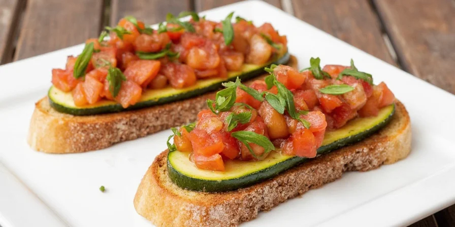 Zucchini bruschetta topped with everything bagel seasoning and chili flakes
