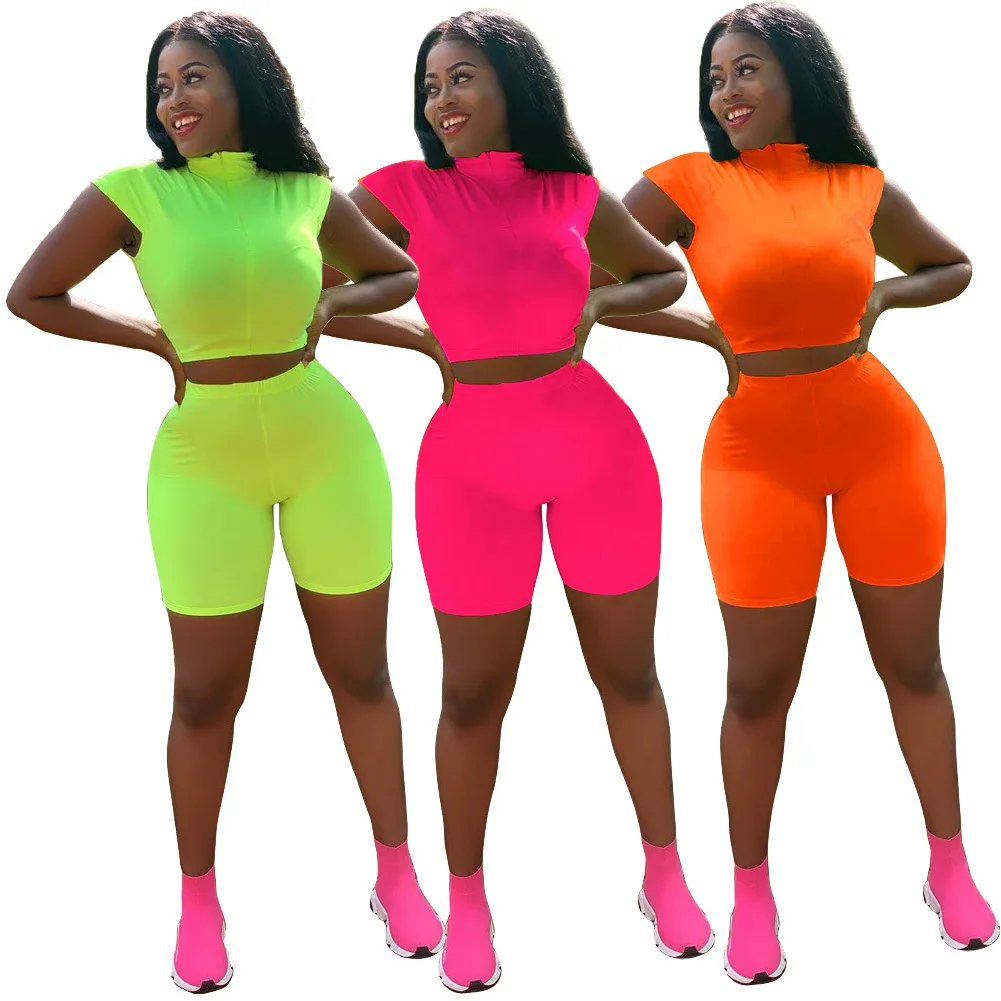 

wholesale Solid color sleeveless sports leisure set women fitness bike seamless neon green outfits