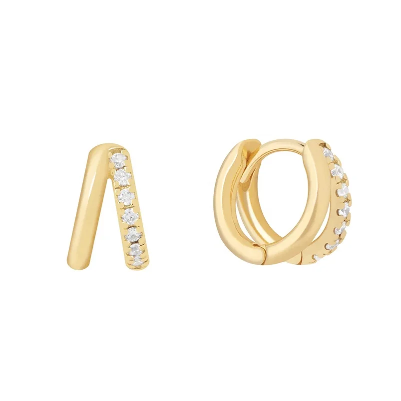 

Double band 925 silver gold diamond stone gold hoop earring women