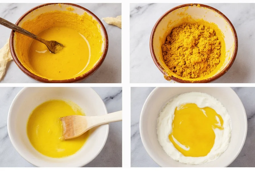 Step-by-step preparation of turmeric face mask with golden powder mixing with honey and yogurt in ceramic bowl