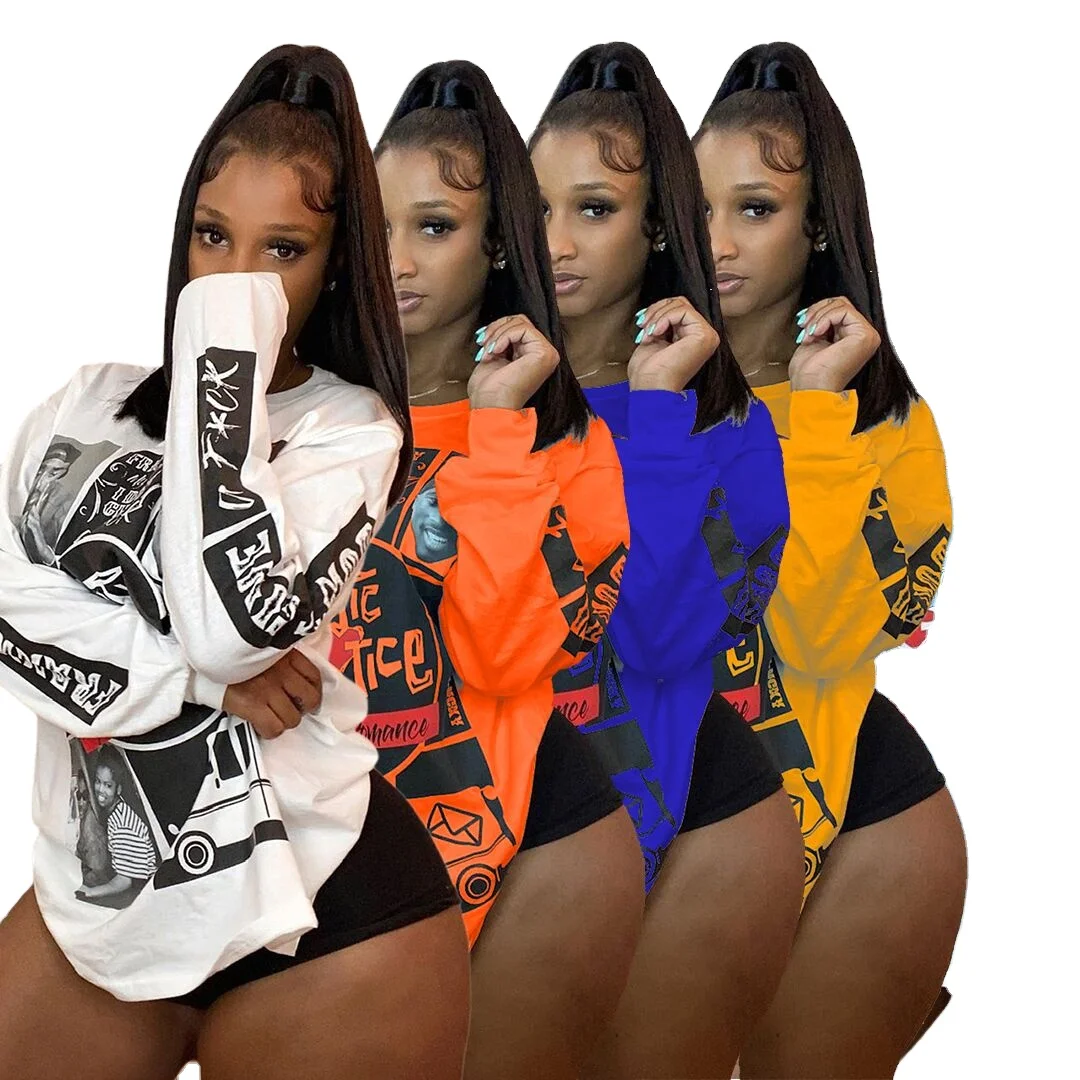 

Wholesale Fall Autumn Ladies Casual Sexy Letter Print Tshirt Womens Crew Neck Fashion Irregular Long Sleeve Graphic Tshirts, Yellow, white, light blue, blue, orange