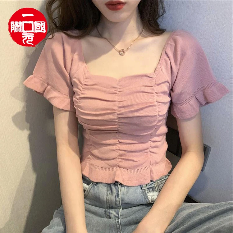 

Summer 2021 new retro French short female T-shirt ice silk breathable sweater