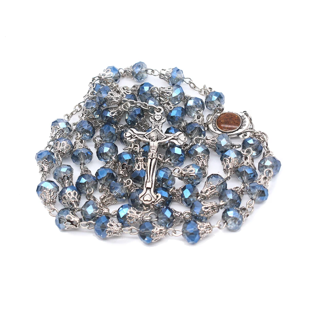 

Catholic Rosary Beads Blue Glass Crystal Prayer Beads Center Maria Cross Pendants for Catholic Rosaries Jewelry Wholesale, More