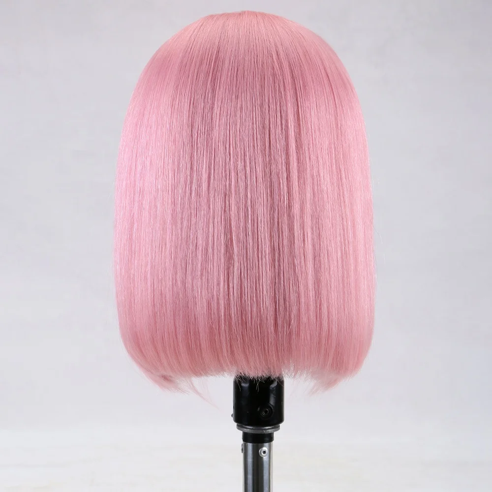 

Pink Color Human Hair Wigs 12 inch Bob Style Lace Front Wigs Premier Pink Lace Wigs