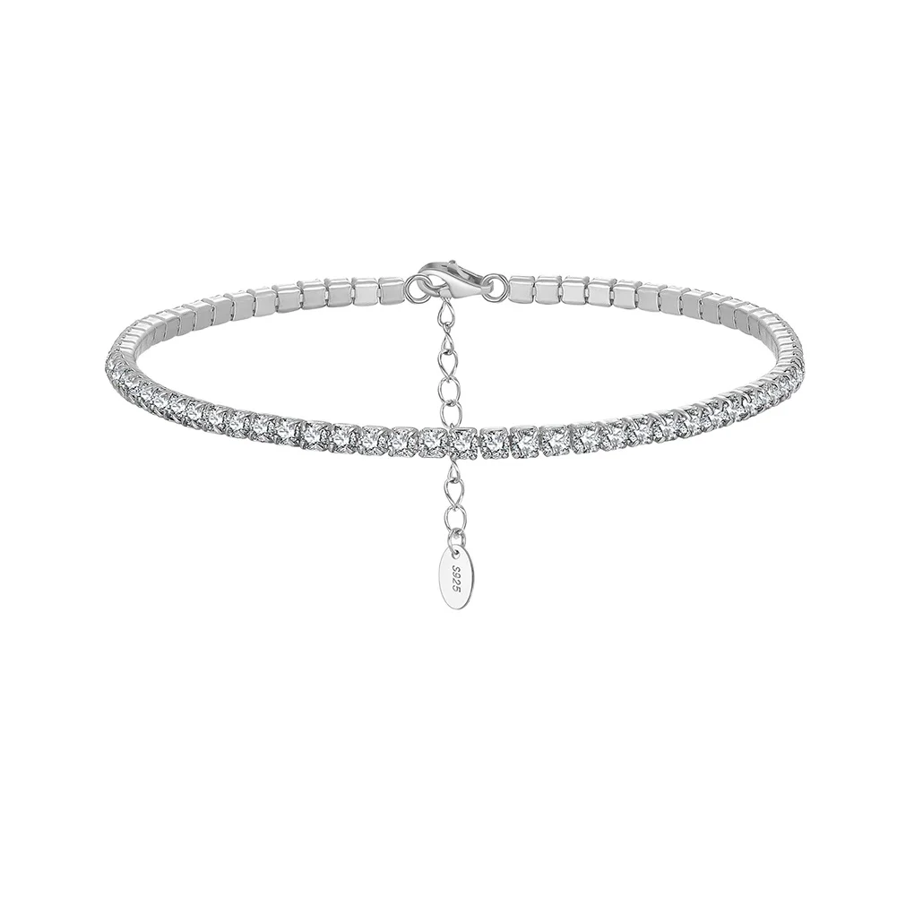 RINNTIN SB191 Fashion Gold Plated 925 Sterling Silver Adjustable Single Row Classic 2mm Zircon Tennis Bracelets Jewelry Women