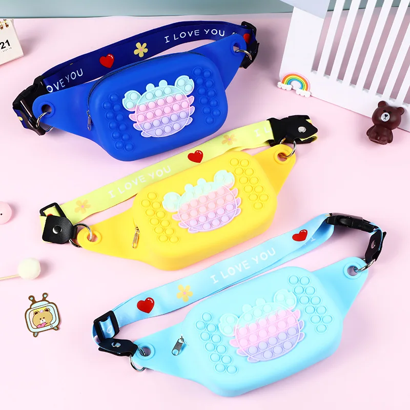 

Best Selling Fidget Popits Relieve Stress Toy Waist Bags Cute Cartoon Silicone Chest Bag Zipper Coin Purse For Kids, Yellow pink orange light-blue blue