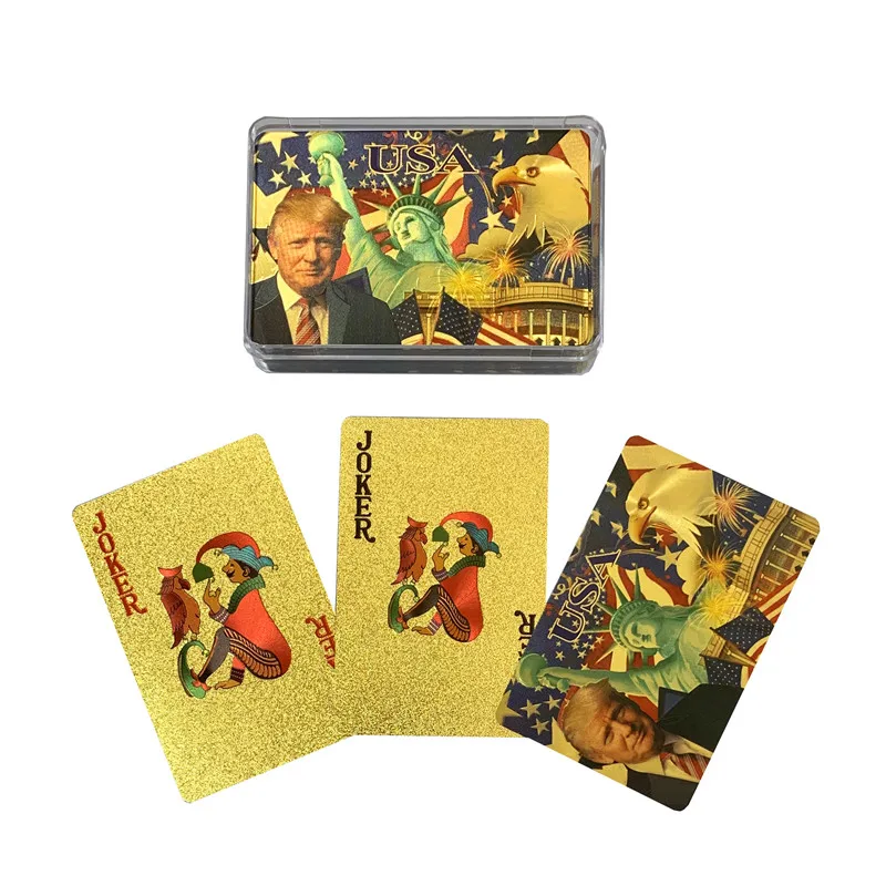 

Goid foi waterproof playing cards Fashion USA Trump design with acrylic box gold poker cards for party game, Cmyk