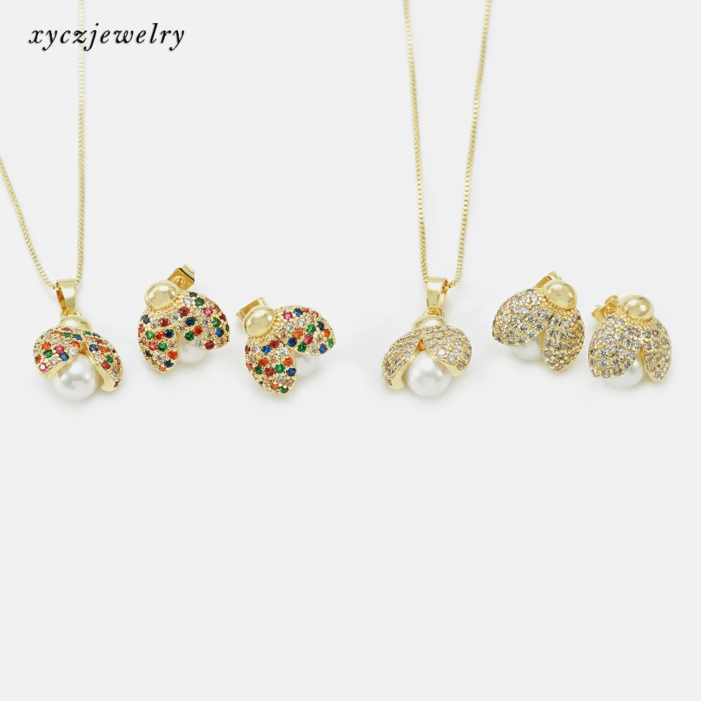 

Cute Insect White Zircon Colorful Beetle Pendant Necklace Earrings Jewelry Set