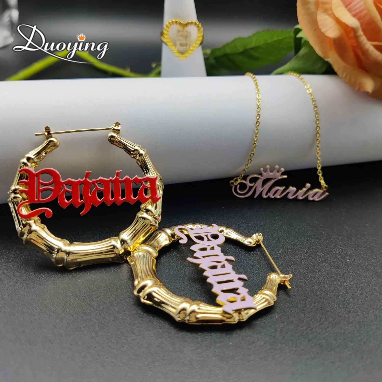 

Duoying ODM aretes 30-100mm colorful metal earrings gold plated stainless steel customized earrings letter bamboo hoop earrings, Golden