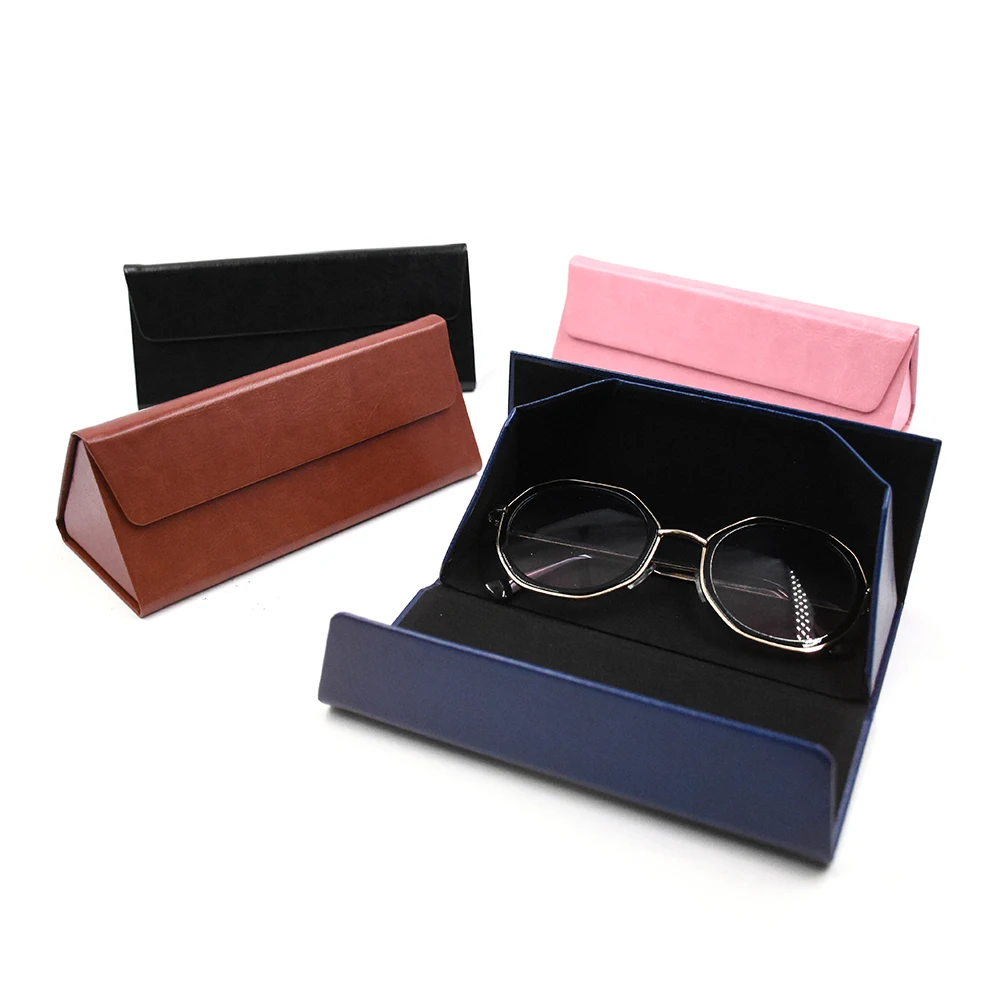 

wholesale OEM high quality portable luxury triangle Custom logo leather folding sunglasses glasses case packaging Box, Solid colour