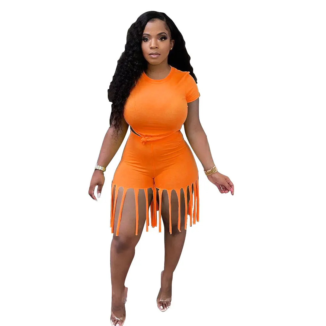 

M6529 2021 5colors Plus Size 3xl 4xl 5xl Tshirt + Tassels Shorts Two Piece Plain Blank 2 Piece Summer Short Set