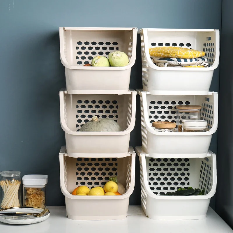 

home stackable kitchen vegetable egg adjustable white plastic storage basket, White, apricot