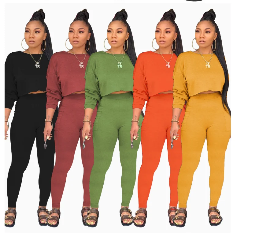 

2021 Autumn Sweater Women Fall Two Piece Sets Style Long Sleeve Crop Tops Pencil Trousers Tracksuit 2 Piece Sets, Customized color