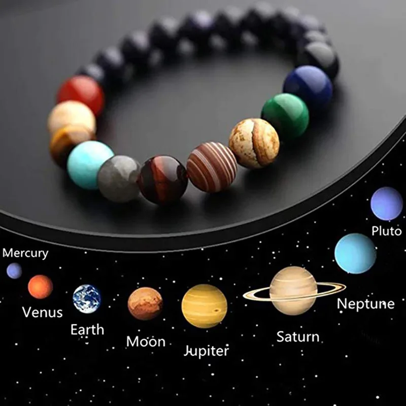 

Universe Space Galaxy Eight Planets Beaded Bracelets Couple Natural Stone Chakra Gemstone Bracelet For Men Jewelry, Black,colorful