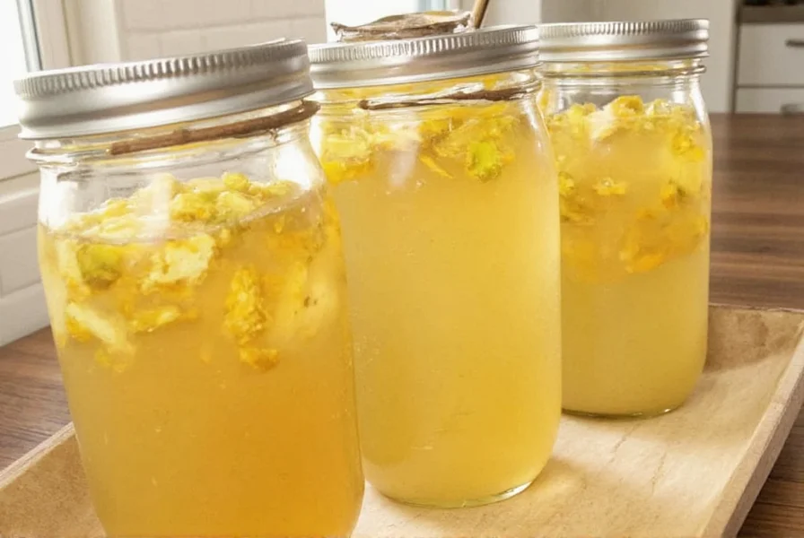 Step-by-step visual guide showing ginger preparation, slicing, jar packing, and fermentation process with proper brine levels