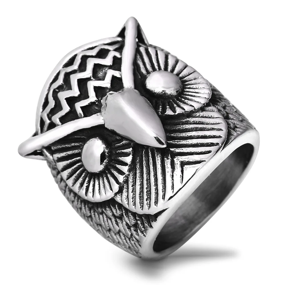 

Fashion vintage titanium steel silver black owl ring men