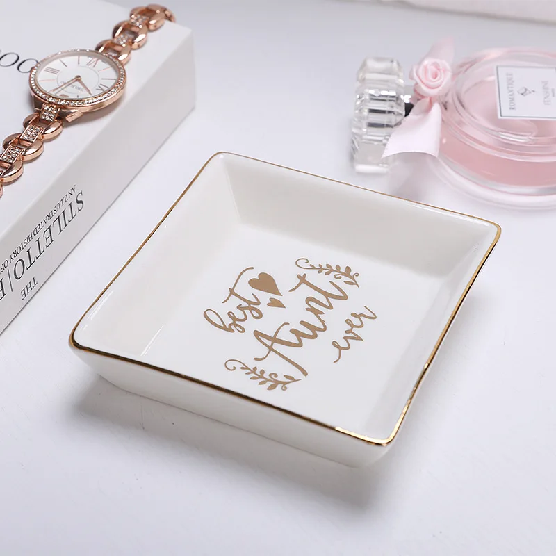 

Ceramic Jewelry Tray Decorative Ceramic Ring Trinket Necklace Jewelry Tray With Gold Rim, White