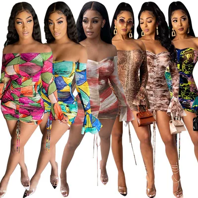 

2021 Summer Sexy Mesh See Through Graffiti Drawstring Lace Up Flared Sleeves Off Shoulder Bodycon Dress Girl Party Dress