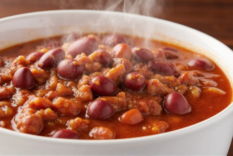 Culver's chili served in a white ceramic bowl with steam rising, showing the rich red color and visible ground beef and kidney beans