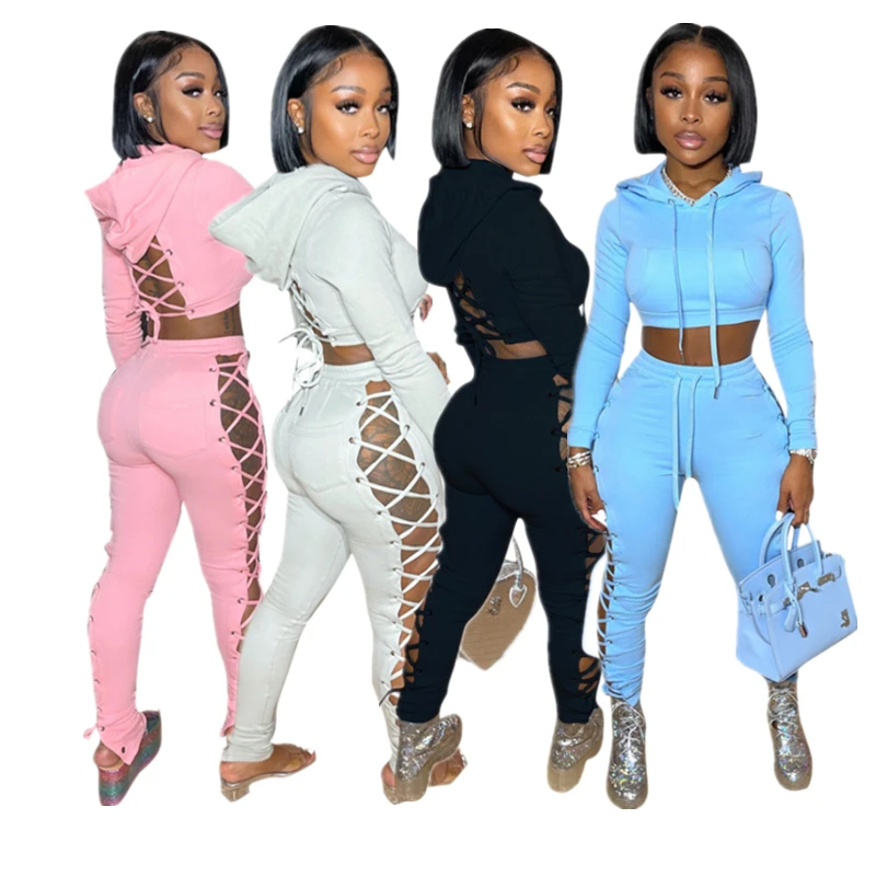 

High Quality Bandage Hoodie Set women sexy cut out Two Piece Pant Set Jogger Set Tracksuit Sweat Suits 2021 Fall Winter Clothing, 4colors