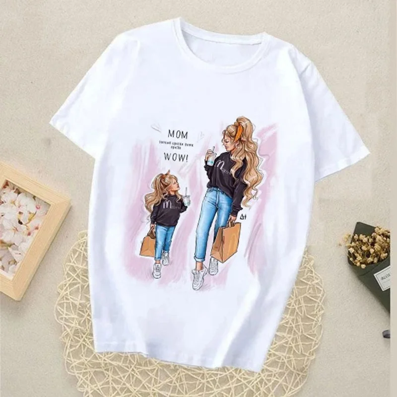 

Z24827 Hot Sale Ladies Casual O Neck Short Sleeve Mom and Me Fits Summer Casual Tops White Blouse T Shirt for Woman