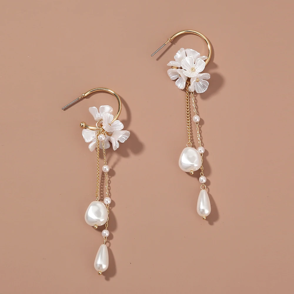 

Best-selling Elegant Pearl White Flower Fringed Chain Woman's Jewelry S925 Earrings Drop Earrings Gold Plated Trendy Alloy+s925