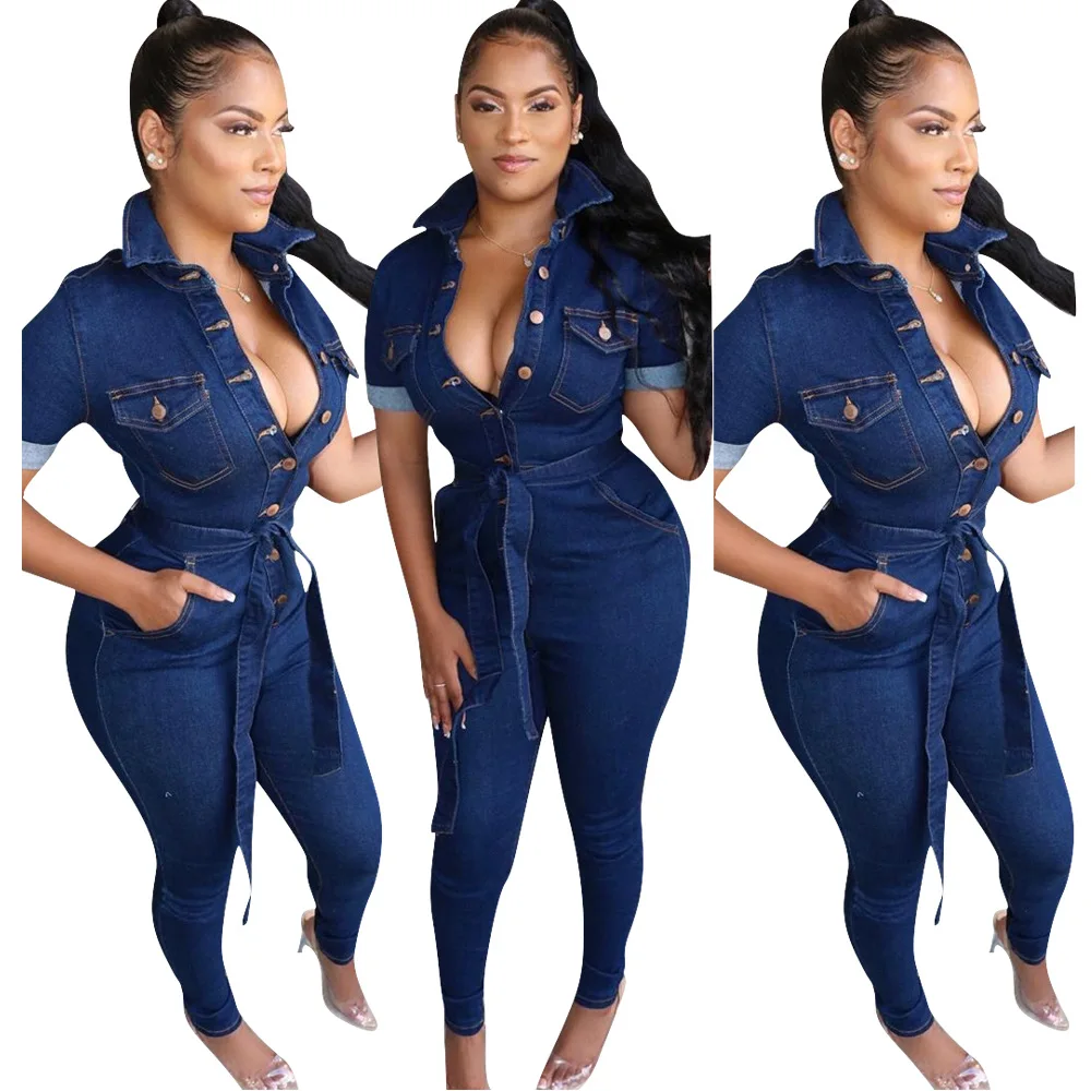 

Summer Casual Short Sleeve High Waist One Piece Jean Overall Playsuit Demin Jumpsuit Women With Pockets Belt, As pictures showed