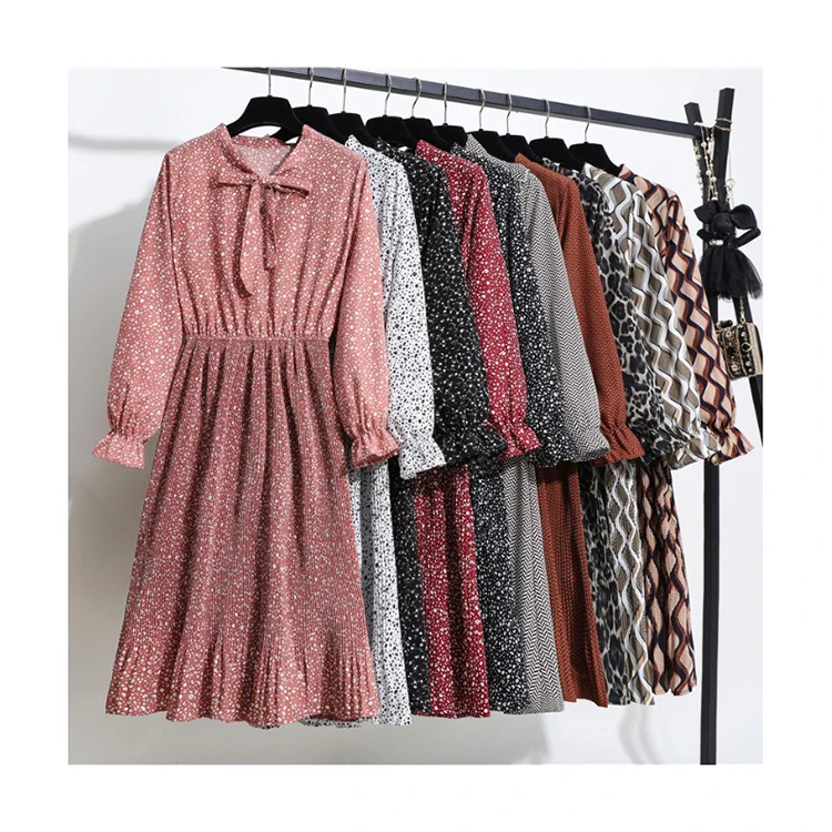 

2020 Korean Spring Summer Casual Women Bow Tie Maxi Print Beach Long Sleeves Bohemian Dress For Ladies, Shown