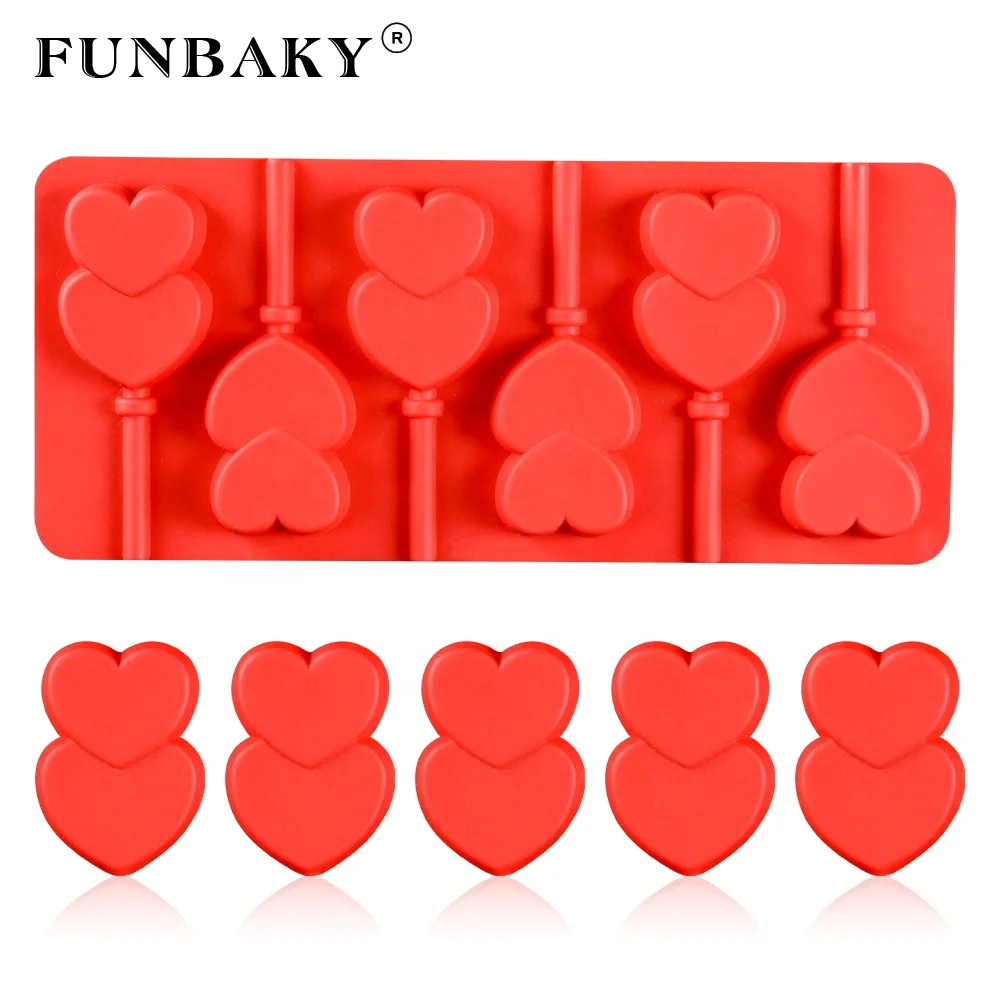 

FUNBAKY JSC1416 Valentine ' s Day candy making tool unique double heart shape lollipop silicone mold 6 cavity DIY lollypop mould, Customized color