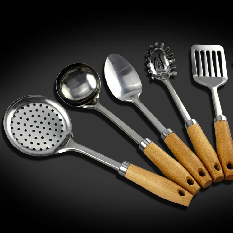 

New Stainless Steel Kitchen Tools With Wooden Handle Cooking Utensils