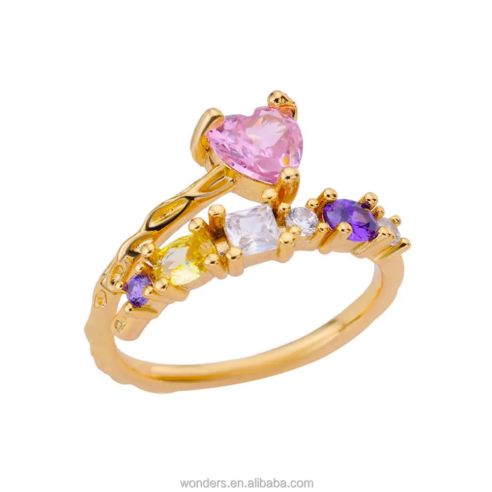 

Colorful Cubic Zirconia Hearts Ring Rainbow CZ Gold Plated Ring Adjustable Engagement Ring Band Jewelry For Women Girls