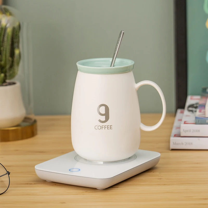 

Best Christmas Gift Portable Warmer 55 Degree Couple Cup Wireless Charger Thermostat Coffee Ceramic Warm Mug With Gold Handle