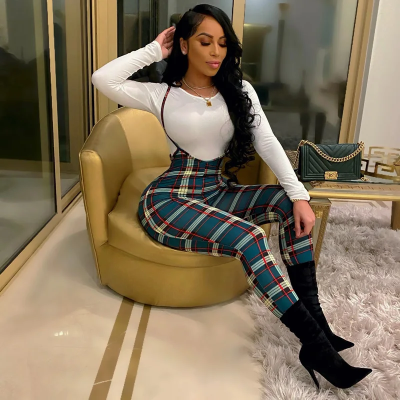 

Hot Selling Women Casual Overalls Pencil Pants Plaid Long Suspenders Trousers Straight Leg Designer Jumpsuits Rompers, Customized color