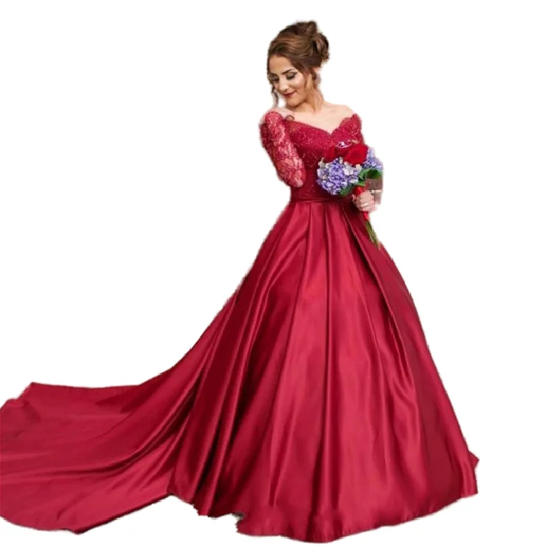 

RM1177 2021 latest design Autumn New Lace Long Sleeve Dress V Neck Evening Dresses Bridal Wedding Dress For Women