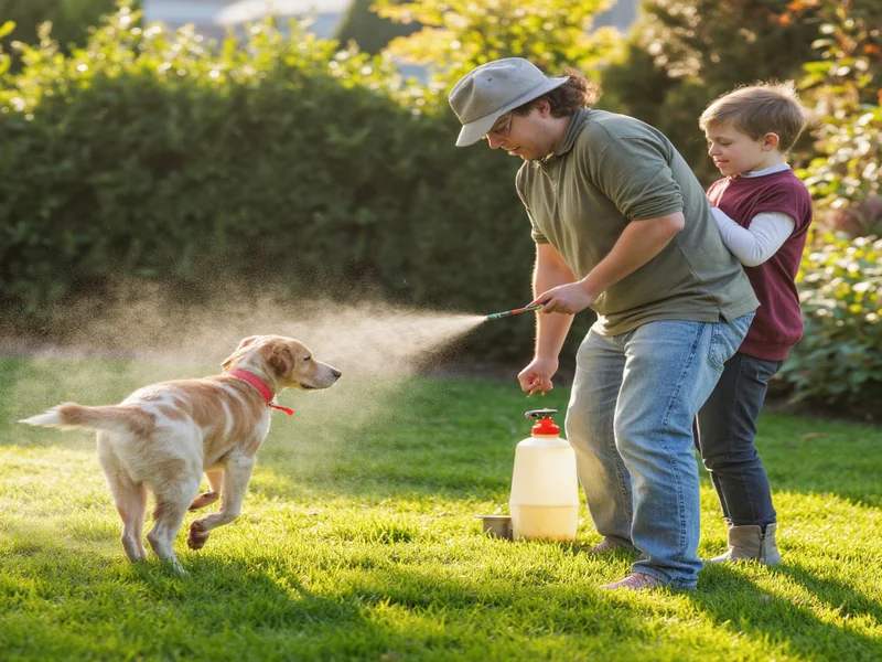 Family using DIY repellent spray in backyard