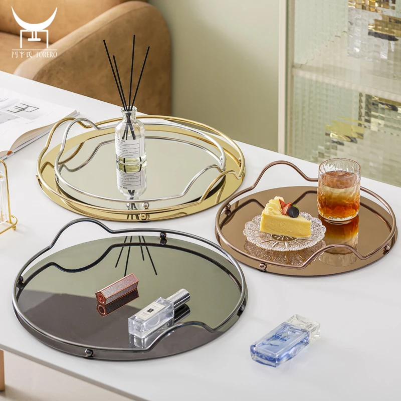 

Stainless steel decorative storage luxury vanity tray perfume & jewelry tray metal mirror serving tray