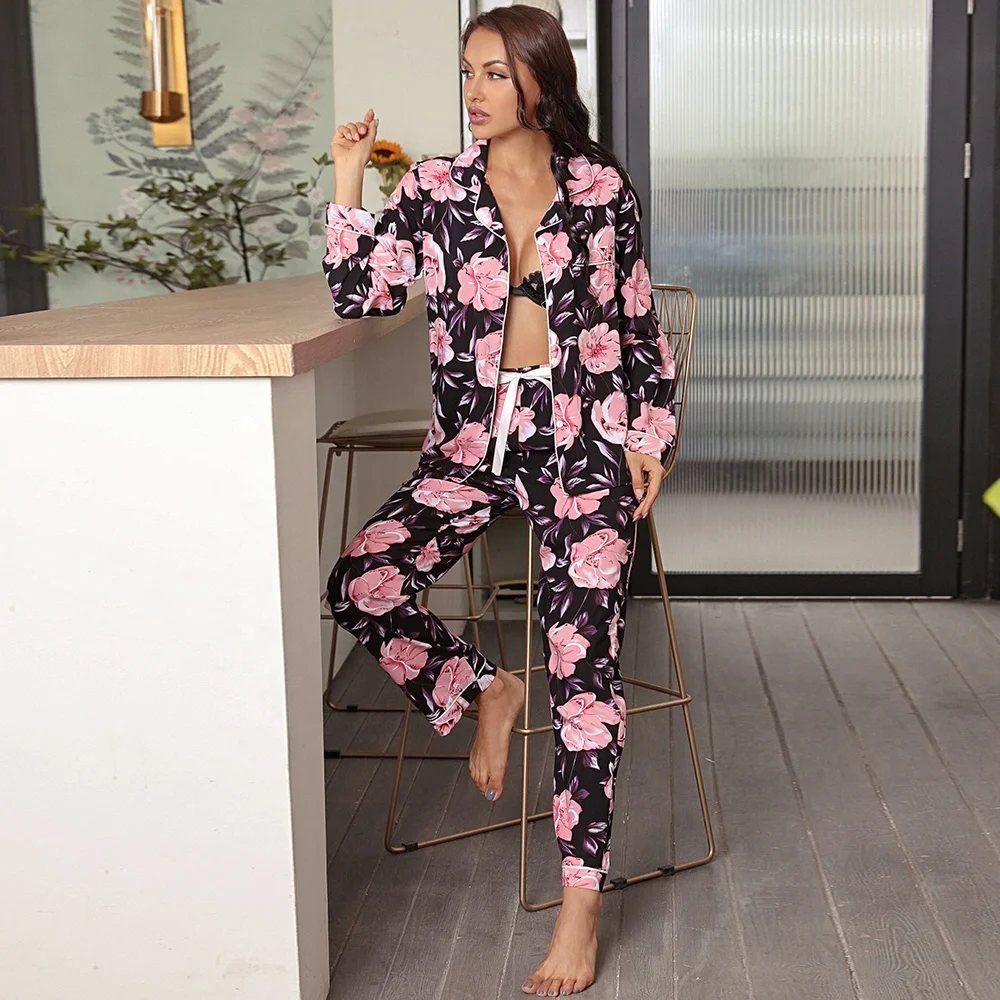 

Beautiful fashion female fancy nightwear nighty loungewear cloths pijamas completas women ladies 2 piece pink flower pajama set