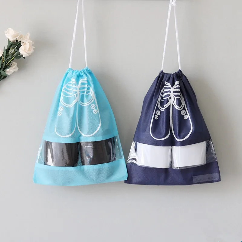 

Custom LOGO Blank Non-woven Slippers Drawstring Pocket Transparent Sandal Bag Printed LOGO Dustproof Slippers Shoes Bag, As the picture display