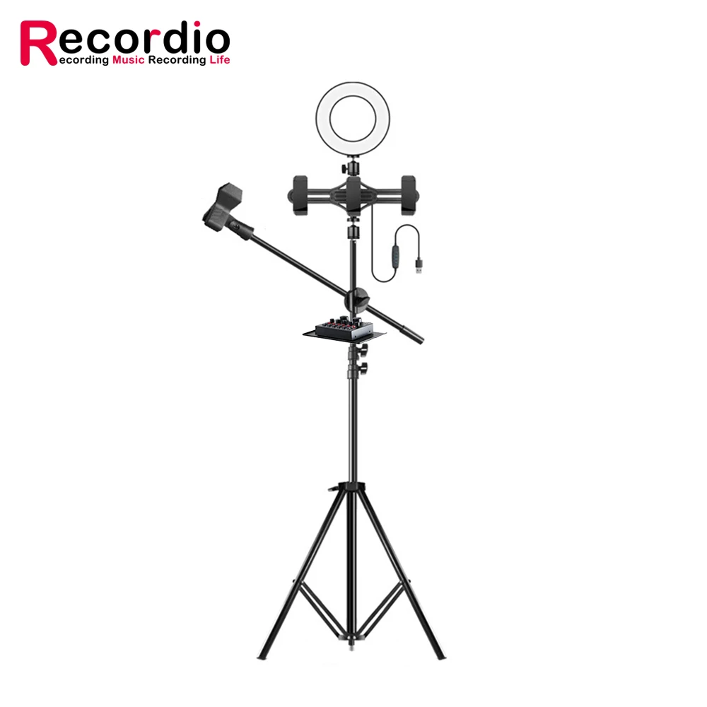 

GAZ-111A Tripod adjustable floor microphone stand live video broadcasting equipment accessories with LED fill light, Black