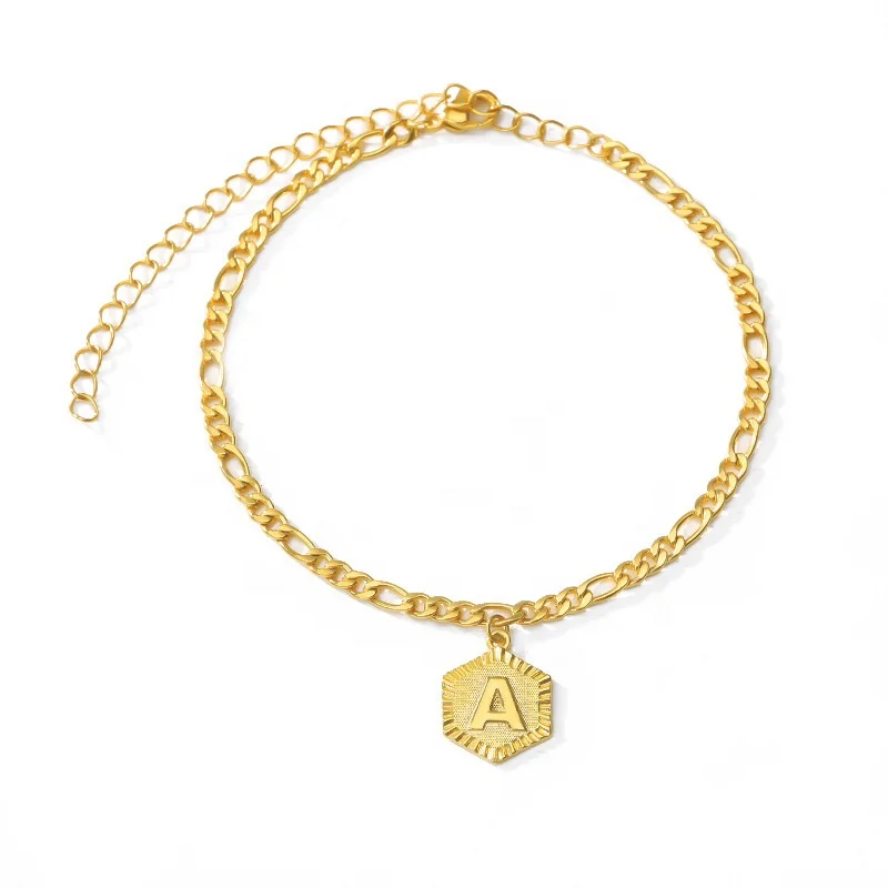 

Women 18K Gold Plated Stainless Steel Hexagon 26 Alphabet English Initial Letter Slave Anklet, Gold color