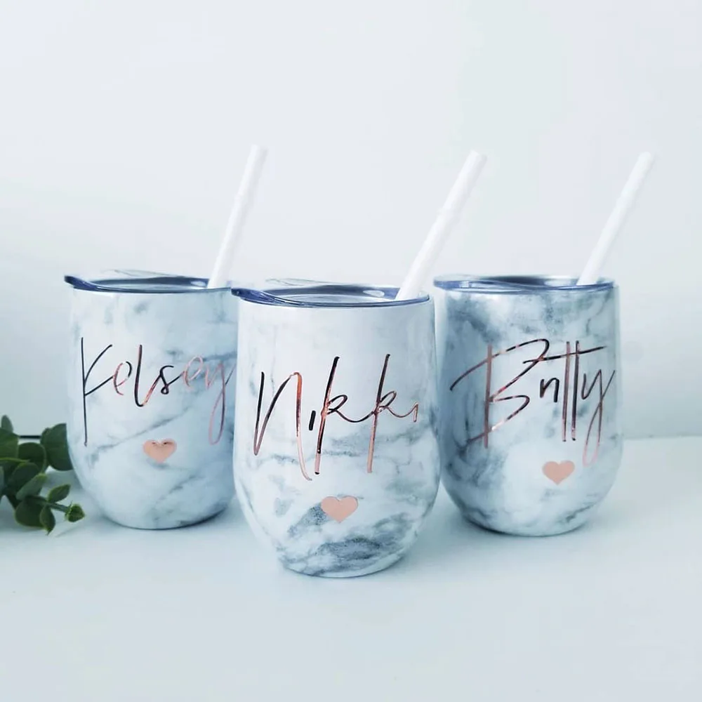 

12 oz Stemless Marble Glass Wine Stainless Steel Insulated Travel Tumbler Wine Cup With Lid Straw, Customized