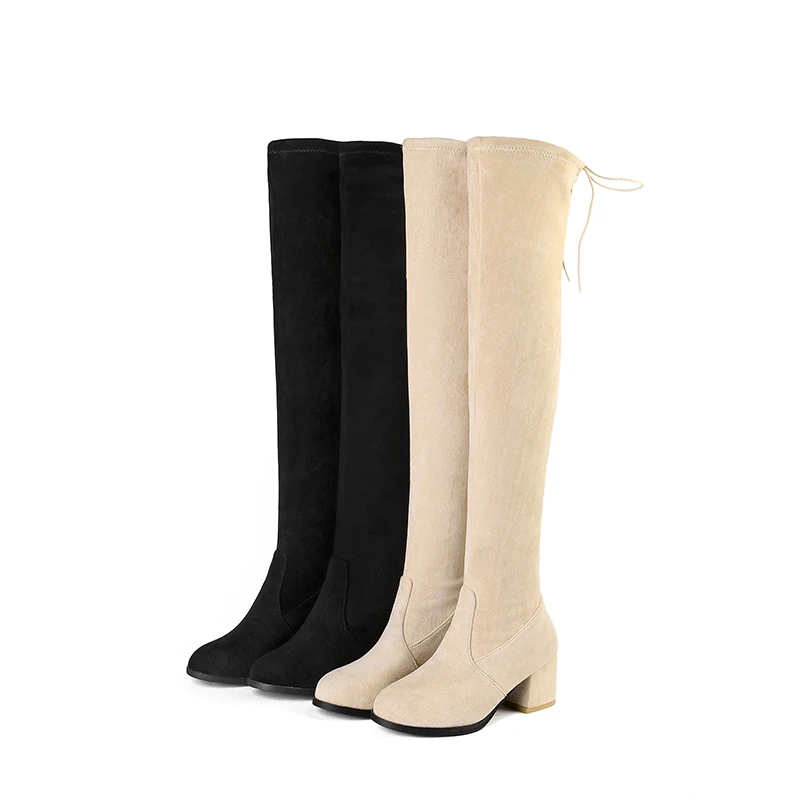 

Winter Round Head Pure Color Suede Leather Leisure High-heeled Ladies'Over-the-Knee Boots, Black/ecru