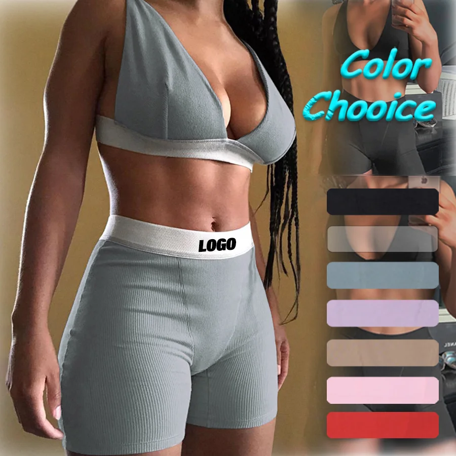 

Wholesale Activewear Women V-neck Sport Bra Top and Legging Shorts Yoga Two Piece Sets Custom Logo Fitness Gym Outfit Clothing, Black,white,gray,purple,khaki,pink,blue,red