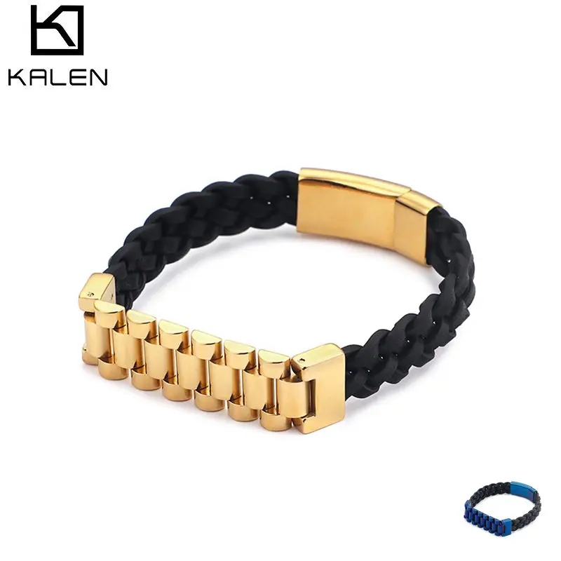 KALEN Wholesale Leather & Stainless Steel Bike Chain Charm Bracelet Jewelry For Men