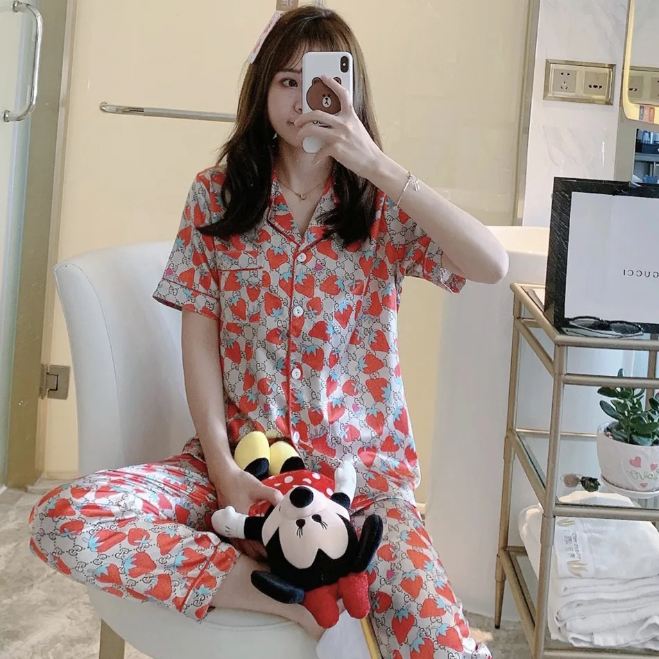 
Short-sleeved trousers suit ladies nightgown silk thin girl nightdress ice silk printing pajamas Cute sleepwear 