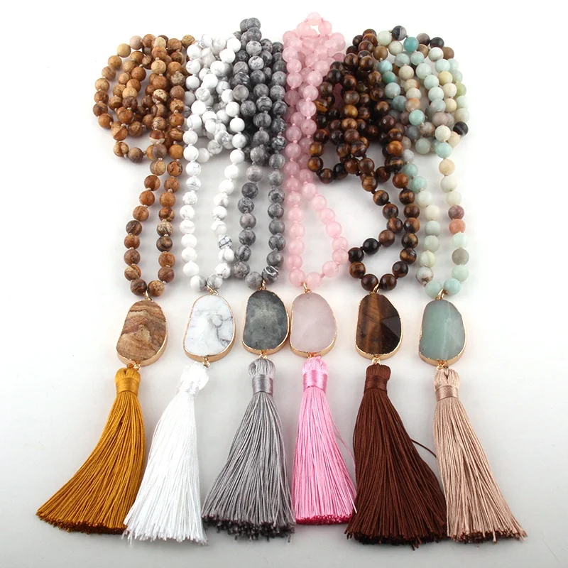 

Fashion Women Pic Jasper Necklace Bohemian Tribal Jewelry Natural Stone Knot Moon Tassel Necklace 108 beads Yoga Mala necklace