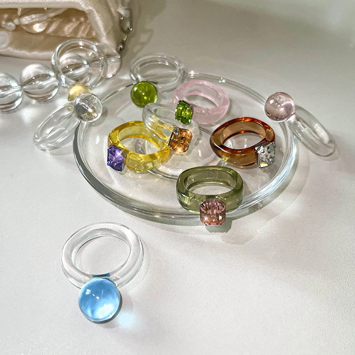 

4 Designs Colorful Square Ball Acrylic Rings Intersected Clear Resin Ring Stamp Diamond Rings Cute Minimalist Korean Jewelry Hot