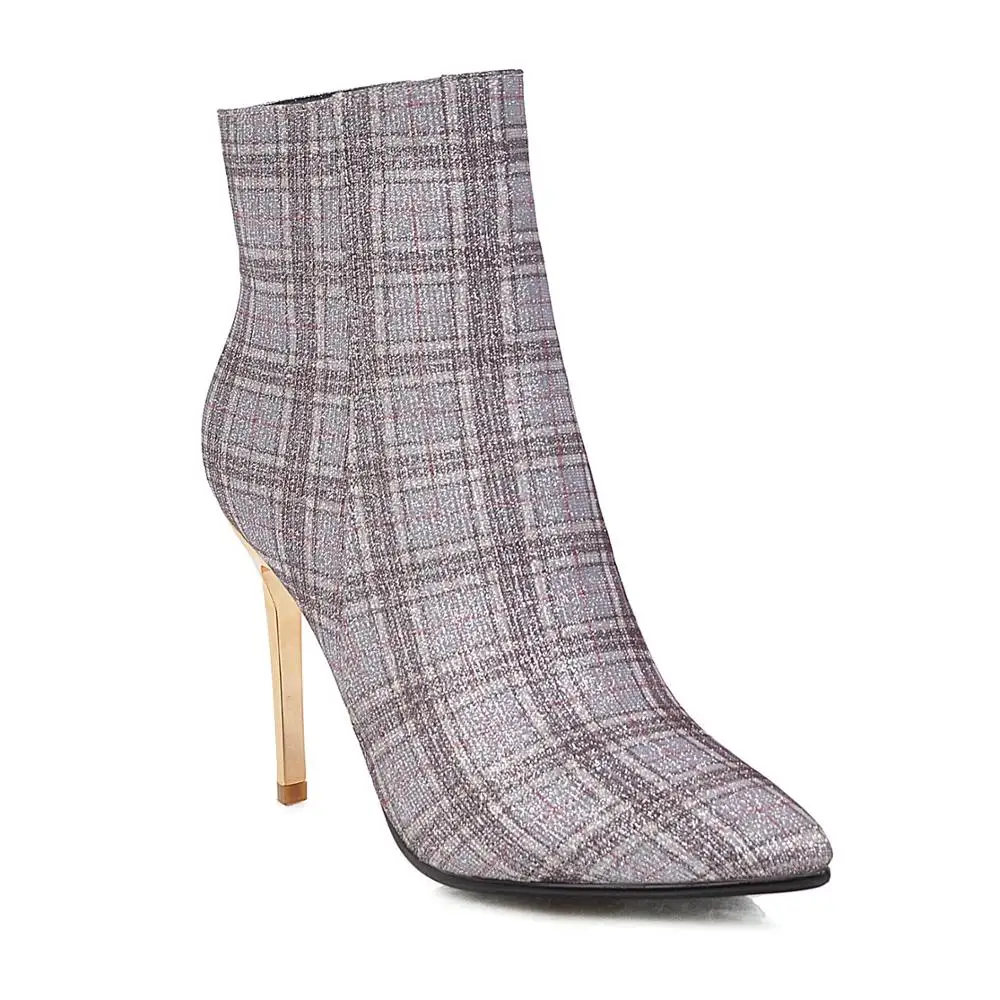 

Women's boots 2019 winter new sexy ultra-high heel women's shoes fashion pointed plaid low-top fashion boots tide, Red grey