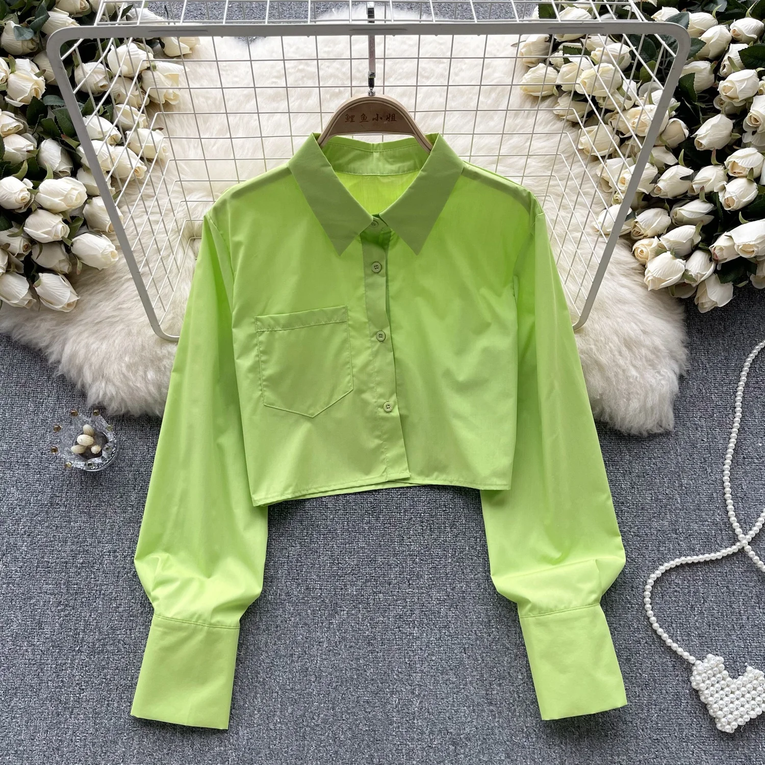 

Korean Chic Fashion Versatile Long sleeved Polo Neck Shirt for Women Casual Loose and Unique Short Top